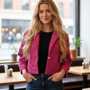 Vtg 80s painted pony pink southwestern shag carpet elastic crop shacket L NWOT